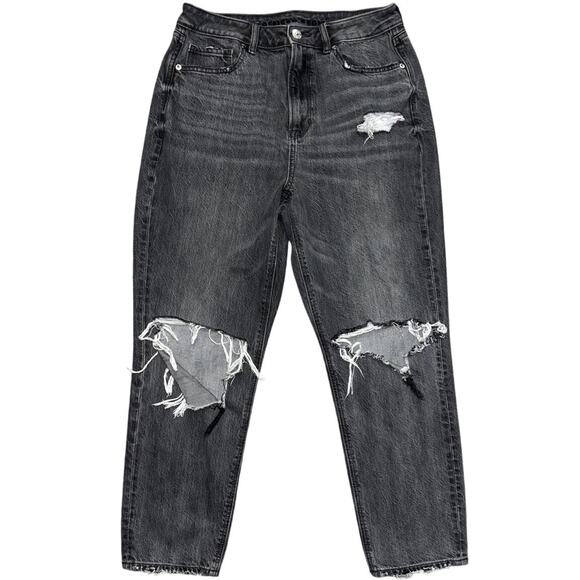 American Eagle Mom Jeans Gray Distressed Holes Size 8 Short High Waisted Grunge - Picture 1 of 5